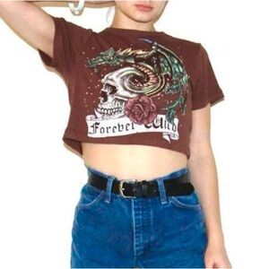 Burgundy dragon skull graphic baby tee